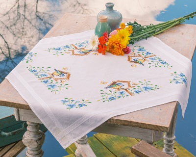 click here to view larger image of Birdhouses Tablecloth (stamped cross stitch kit)
