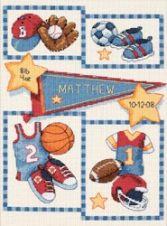 click here to view larger image of Little Sports Birth Record  (counted cross stitch kit)