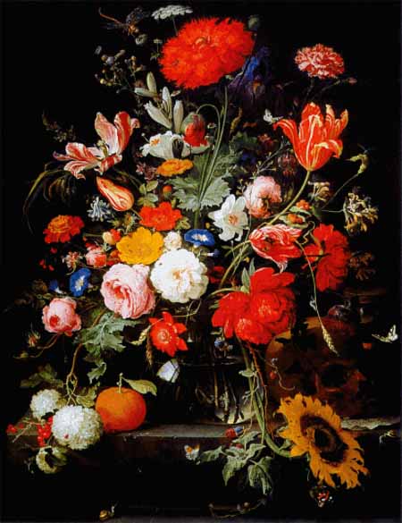 Opium Poppy, Sunflower and Other Flowers in a Glass Vase