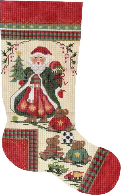click here to view larger image of Santa and Teddy Bears Stocking (hand painted canvases)