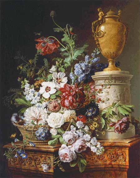 Still Life Of Flowers In A Basket by an Alabaster Urn on a Marble Pedestal
