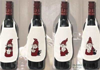 click here to view larger image of Christmas Bottle Aprons Elf w/cat (4 pcs) (counted cross stitch kit)