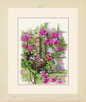 click here to view larger image of Nesting Birds In Rambler Rose - 27ct (counted cross stitch kit)